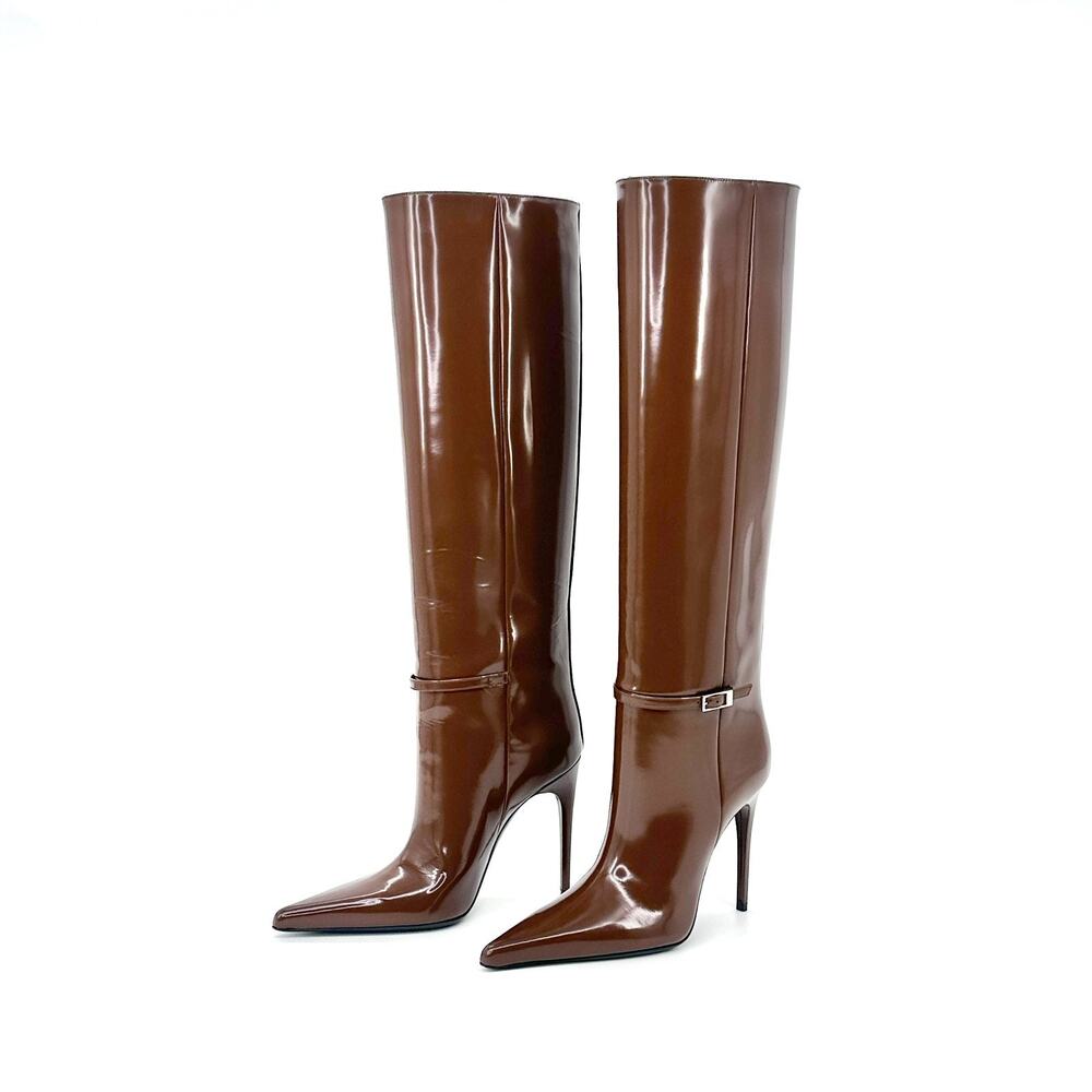 NWOB Saint Laurent Vendome Knee High Boots Pointed Toe Brown Leather EU 38 US 8 - Picture 4 of 14